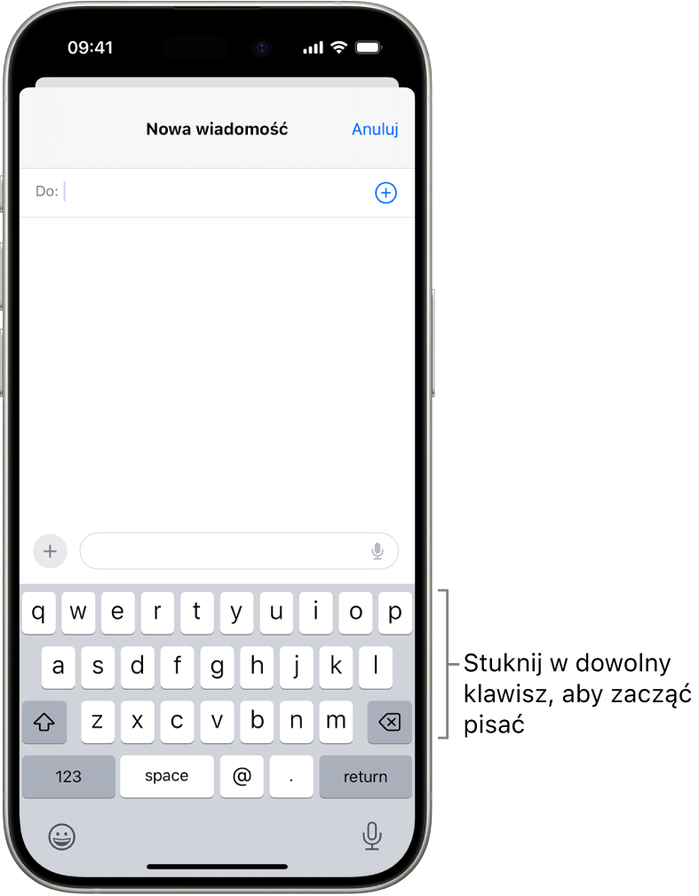 Pusta wiadomość email otwarta w aplikacji Poczta. Dolną połowę ekranu zajmuje klawiatura ekranowa.