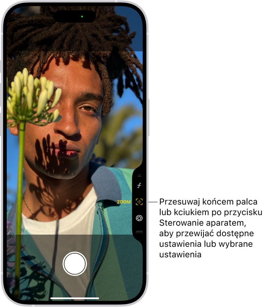 Menu sterowania aparatem otworzone w aplikacji Aparat. Zaznaczone jest narzędzie Zoom.