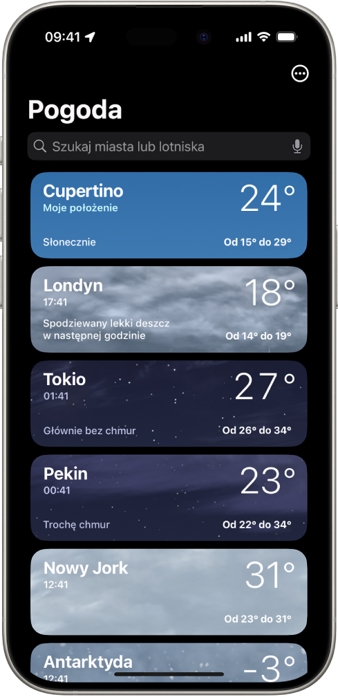 Ekran aplikacji Pogoda. Widoczna jest lista miast z bieżącą temperaturą, prognozą pogody oraz najniższą i najwyższą temperaturą. Na górze ekranu widoczne jest pole wyszukiwania. W prawym górnym rogu znajduje się przycisk Więcej.