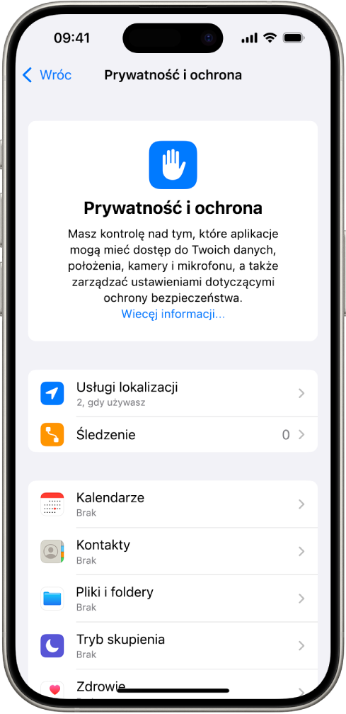 Ekran Prywatność i ochrona w Ustawieniach.
