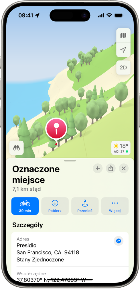 Mapa pokazująca pinezkę umieszczoną w parku. Poniżej widoczne są przyciski umożliwiające uzyskanie trasy do pinezki, pobranie mapy okolicy oraz zmianę położenia pinezki.