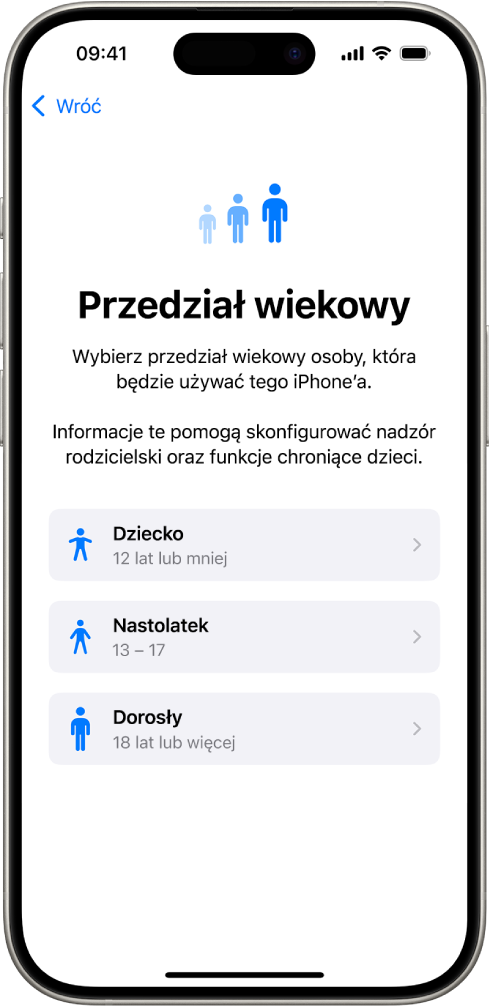 Ekran konfigurowania przedziałów wiekowych. Widoczna jest lista zawierająca trzy przedziały wiekowe: Dziecko (12 lat lub mniej), Nastolatek (13 – 17) oraz Dorosły (18 lat lub więcej).
