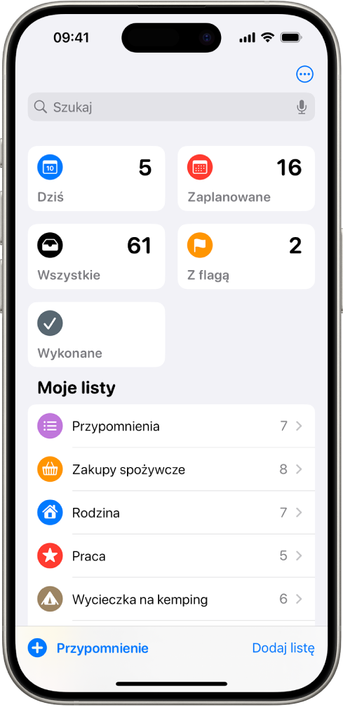 Ekran aplikacji Przypomnienia z listami inteligentnymi u góry ekranu i zwykłymi listami niżej.