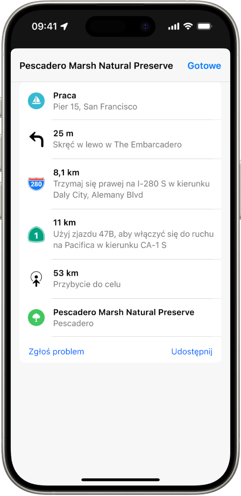 Trasa wyświetlana w postaci listy wskazówek.