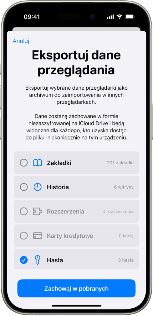 Ekran Eksportuj dane przeglądania. Zaznaczona jest opcja Hasła, aby wyeksportować hasła do innego menedżera haseł.