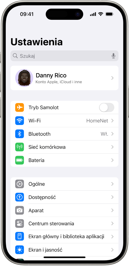 Ekran Ustawień pokazujący, że iPhone jest połączony z Wi‑Fi o nazwie HomeNet.
