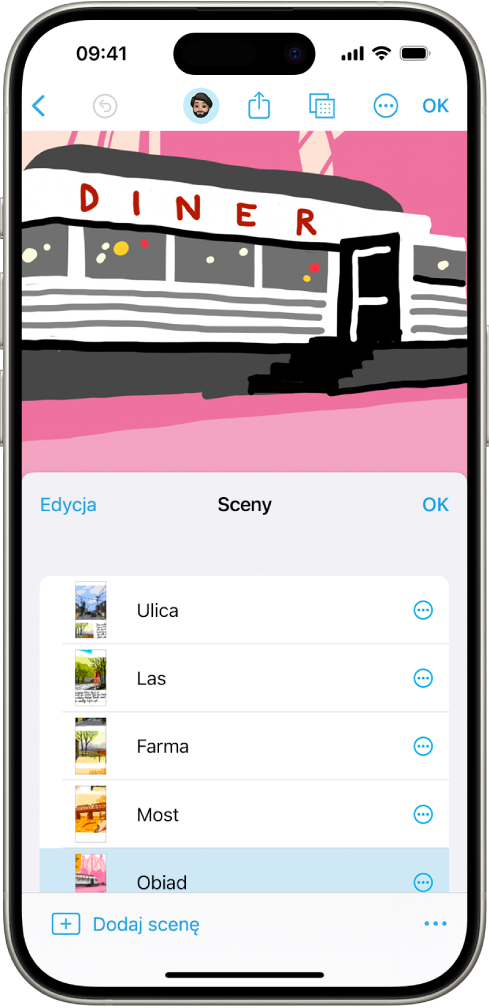 Scena w aplikacji Freeform. W prawym dolnym rogu widoczny jest nawigator scen.