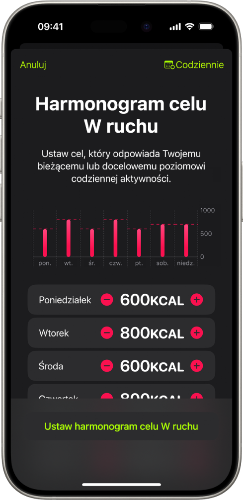 Ekran harmonogramu celu W ruchu w aplikacji Fitness. Widoczne są przyciski pozwalające zwiększać lub zmniejszać cel W ruchu dla poszczególnych dni tygodnia.