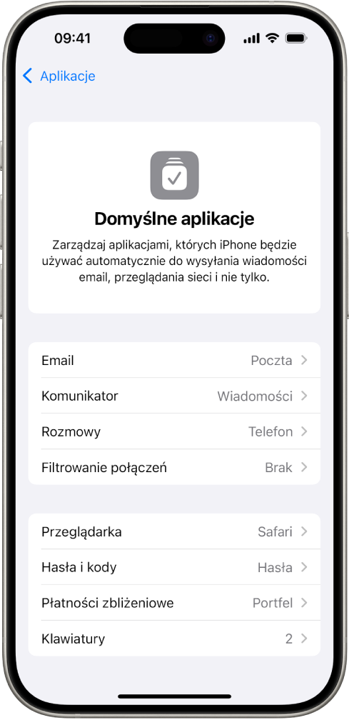 Ekran zmiany domyślnych aplikacji do obsługi poczty email, przeglądania Internetu i innych funkcji.