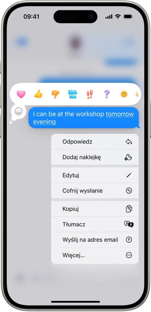 Wiadomość tekstowa w aplikacji Wiadomości. Widoczne są opcje Cofnij wysłanie oraz Edytuj. Reszta rozmowy jest zamazana, za wyjątkiem określonego zaznaczonego tekstu.