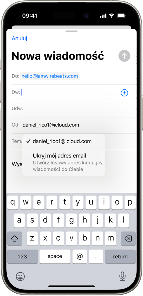 Ekran redagowania wersji roboczej wiadomości. Pod wybranym polem Od widoczne są dwie opcje: użycia osobistego adresu email lub funkcji Ukryj mój adres email.