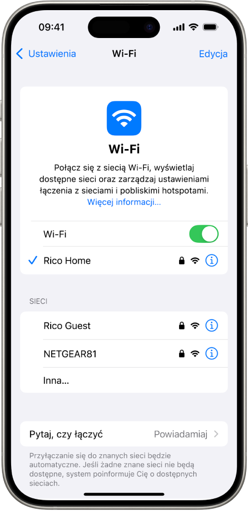 Ekran opcji sieci Wi‑Fi w Ustawieniach. Wi‑Fi jest włączone i wybrana jest sieć.