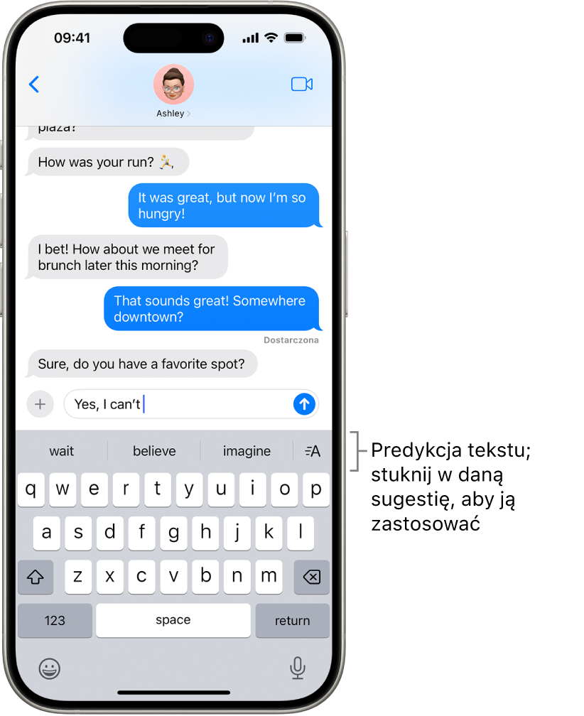 Klawiatura ekranowa otwarta w aplikacji Wiadomości. W polu tekstowym wprowadzany jest tekst. Nad klawiaturą widoczne są predykcje sugerujące kolejny wyraz.