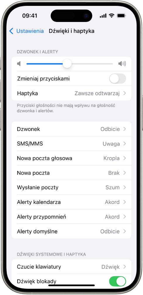 Ekran Dźwięki i haptyka w Ustawieniach. Na ekranie widoczne są następujące opcje (od góry): Dźwięk słuchawek i Bezpieczne używanie słuchawek, Głośność dźwięków i alertów z suwakiem do regulowania głośności oraz opcją umożliwiającą zmienianie głośności przyciskami, oraz Dźwięk i melodie haptyczne z opcjami Dzwonek oraz SMS/MMS.