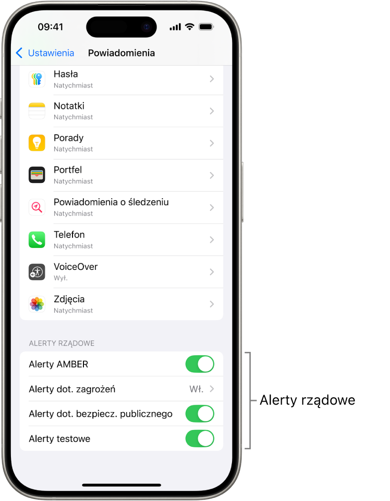 Ekran powiadomień z alertami rządowymi, które można włączyć, aby otrzymywać alerty.