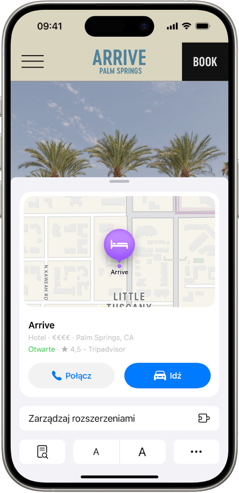 Aplikacja Safari wyróżniająca najważniejsze informacje o hotelu w Palm Springs, w tym mapę, przyciski umożliwiające zadzwonienie do hotelu i uzyskanie informacji o dojeździe oraz łącze do rezerwacji.