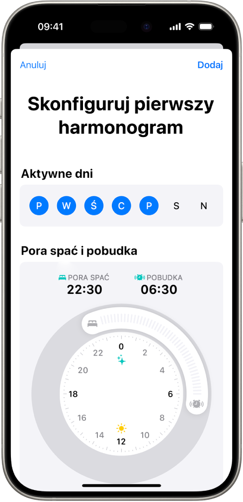 Ekran Skonfiguruj pierwszy harmonogram w aplikacji Zdrowie. Widoczna jest sekcja Aktywne dni oraz zegar Pora spać i Budzik.