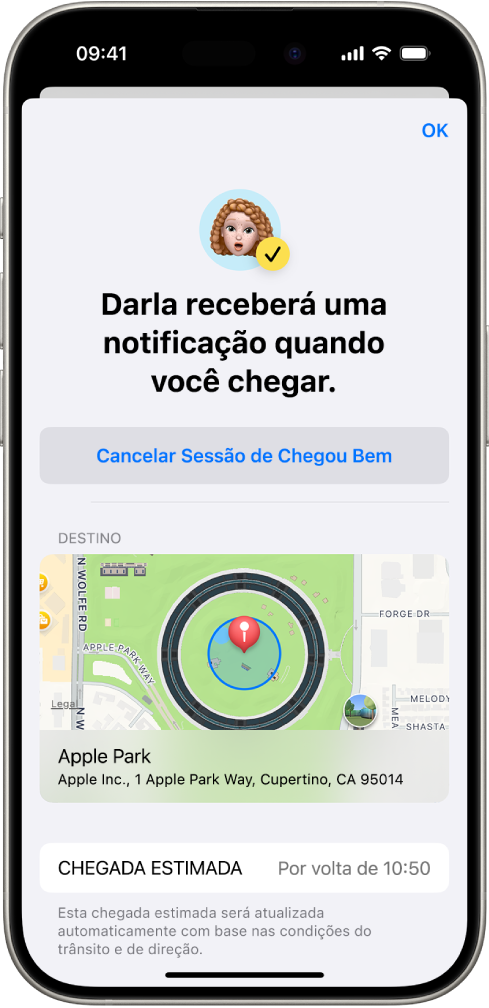 Uma tela do recurso Chegou Bem mostrando que uma pessoa receberá uma notificação em 14 minutos. Abaixo disso, opções para estender o tempo ou cancelar a sessão de Chegou Bem. Na parte inferior, uma mapa que mostra a localização atual.