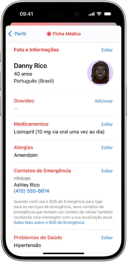 Tela da Ficha Médica com informações que incluem data de nascimento, medicamentos, alergias, contatos de emergência e problemas de saúde.