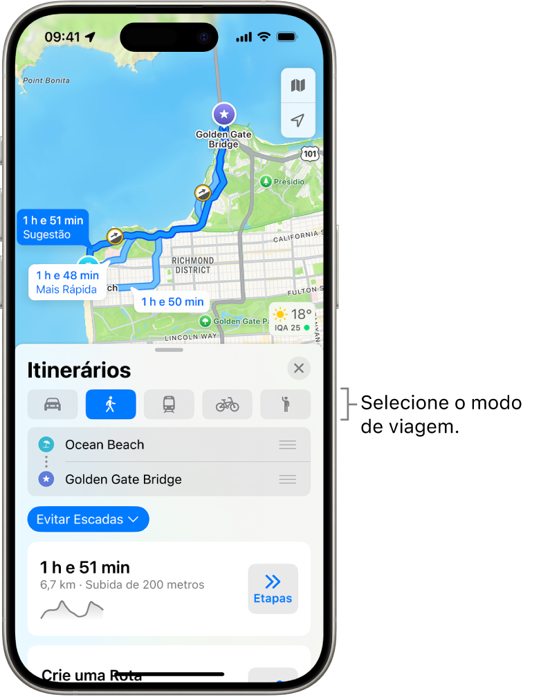 Um mapa mostrando várias opções de rota entre duas localizações, com botões para escolher outros modos de viagem, alternar o ponto inicial e o destino, e visualizar itinerários em uma lista.