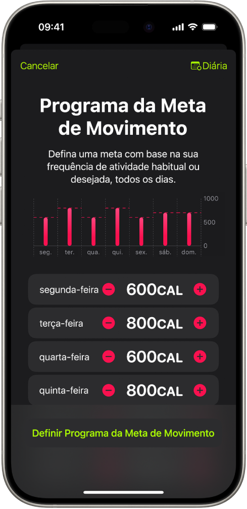 Tela do Programa da Meta de Movimento no app Fitness mostrando botões para aumentar ou diminuir a meta de Movimento por dia da semana.