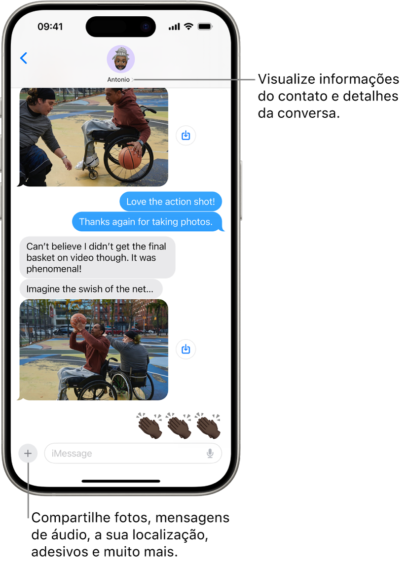 Conversa no app Mensagens. O nome da pessoa para quem você está enviando mensagens está na parte superior da tela. Você pode tocar no nome da pessoa para ver os detalhes da conversa. O botão Adicionar encontra-se no canto inferior esquerdo.