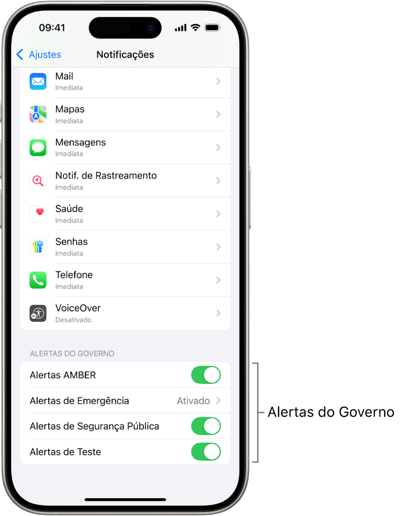 Tela de Notificações, mostrando os Alertas do Governo que você pode ativar para receber alertas do governo.