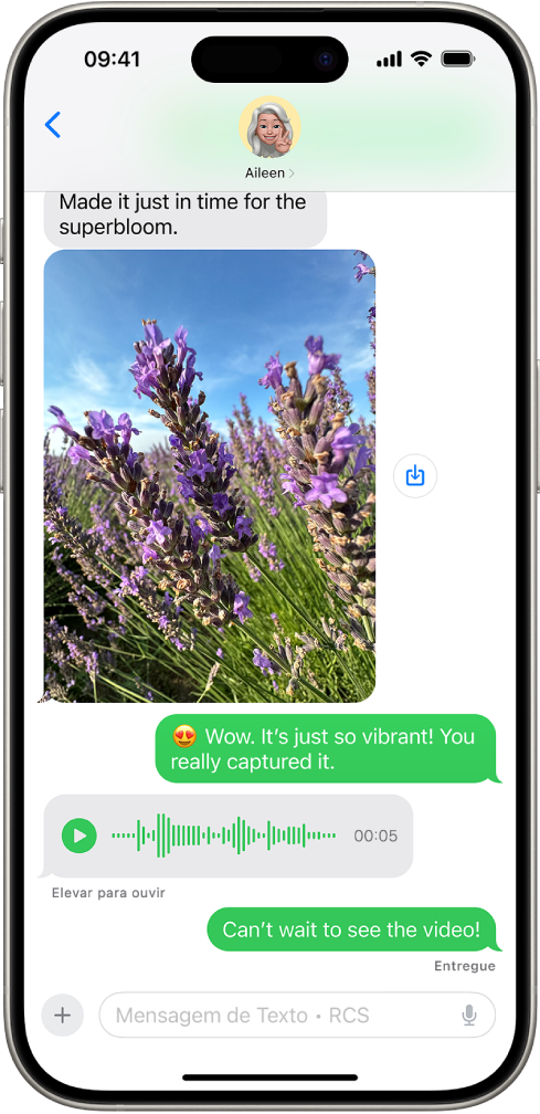 Uma conversa em grupo no app Mensagens. Ícones das pessoas no grupo estão na parte superior da tela. O teclado está na metade inferior da tela. Os balões de mensagem são verdes, o que indica que ao menos uma pessoa não está usando o iMessage.
