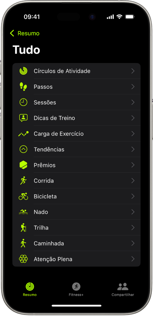Tela do app Fitness mostrando uma lista de categorias de preparo físico.