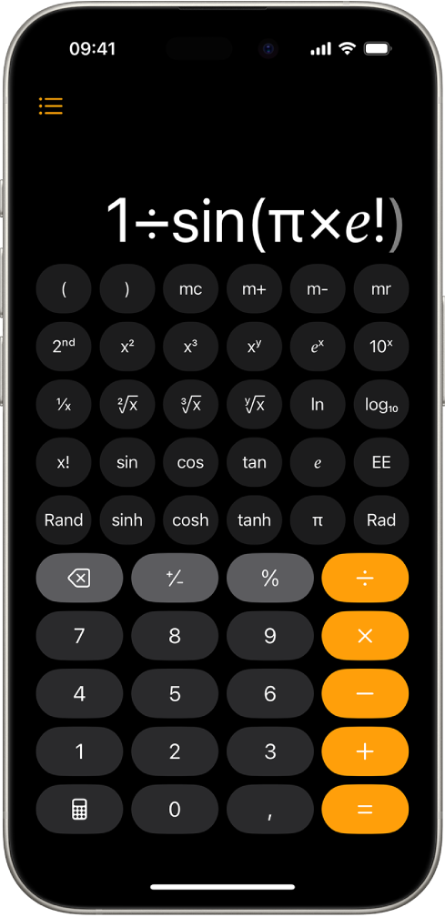 iPhone mostrando a calculadora científica com funções exponenciais, logarítmicas e trigonométricas.