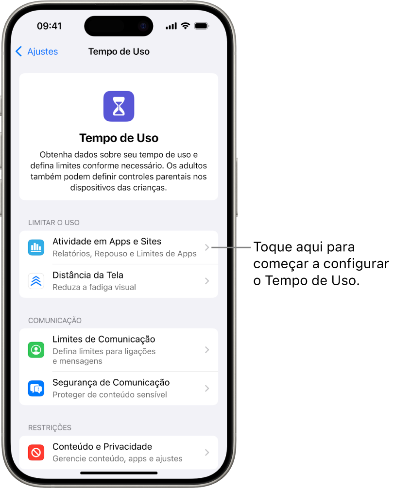Tela de configuração do Tempo de Uso mostrando que é preciso tocar em Atividade em Apps e Sites para começar.
