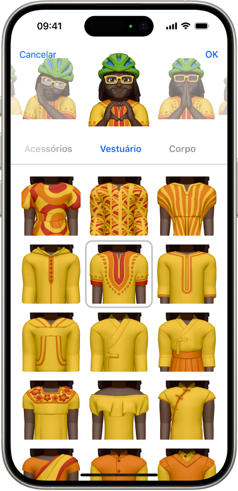 Tela de Memojis, mostrando o personagem sendo criado no centro, características para personalizar abaixo do personagem e, abaixo disso, opções da característica selecionada. O botão OK encontra-se no canto superior direito e o botão Cancelar no canto superior esquerdo.