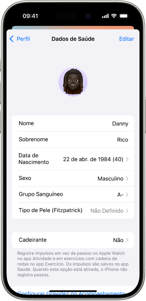 A tela Detalhes de Saúde, que inclui campos para nome, data de nascimento, tipo sanguíneo e outras informações.