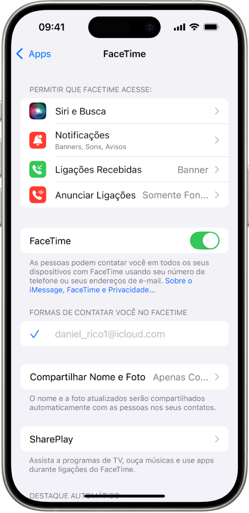A tela de Ajustes do FaceTime mostrando o botão para ativar ou desativar o FaceTime e o campo com a Conta Apple para o FaceTime.