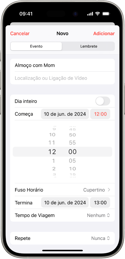 Um evento do calendário mostrando os ajustes de hora e fuso horário do evento.