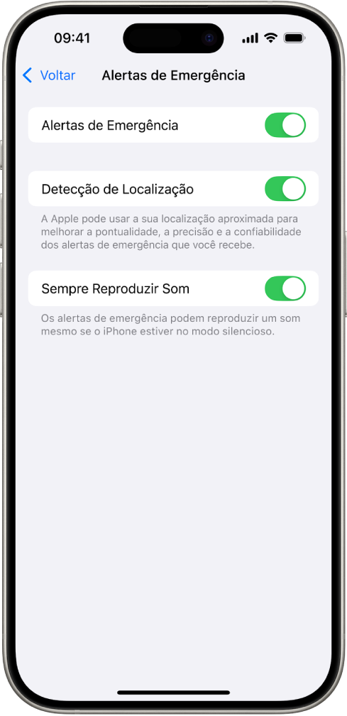 A tela de Alertas de Emergência com as opções Alertas de Emergência, Detecção de Localização e Sempre Reproduzir Som ativadas.