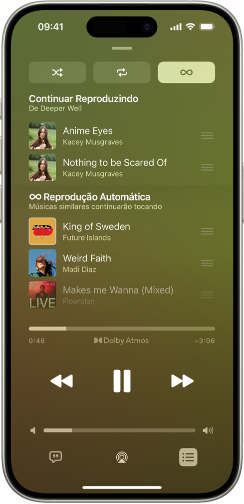 Tela Reproduzindo mostrando a fila A Seguir com a Reprodução Automática ativada. Músicas similares aparecem abaixo das músicas no álbum.