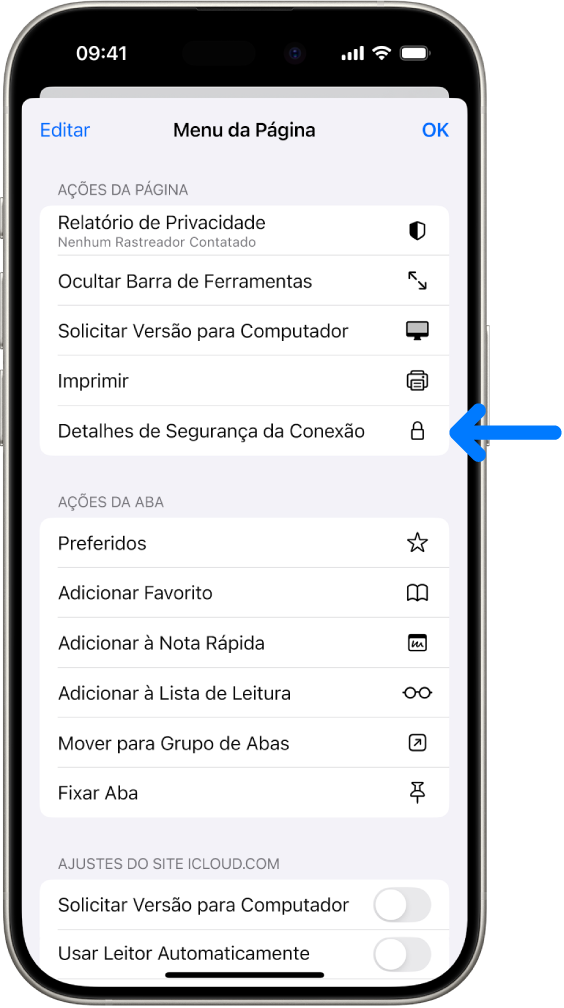 O menu Ajustes da Página está aberto no Safari e o controle Detalhes de Segurança da Conexão está no meio da página.