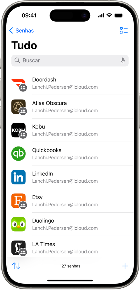 Uma lista de todas as contas com senhas armazenadas no app Senhas.