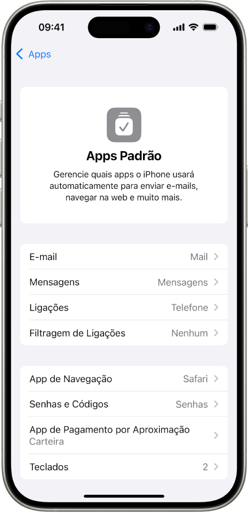 Tela para alterar os apps padrão de envio de e‑mail, navegação na internet e outros.