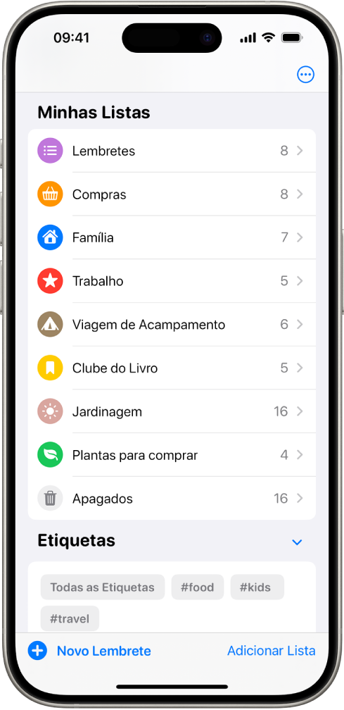 Tela do app Lembretes mostrando várias listas e o Navegador de Etiquetas na parte inferior.