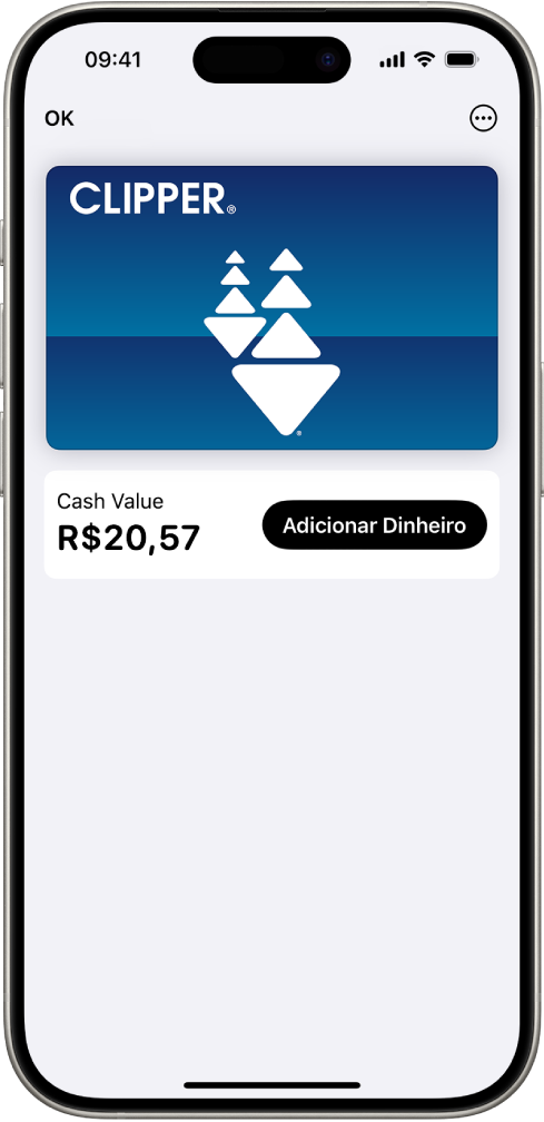 Um cartão de transporte público no app Carteira, mostrando o saldo na conta e o botão Adicionar Dinheiro.