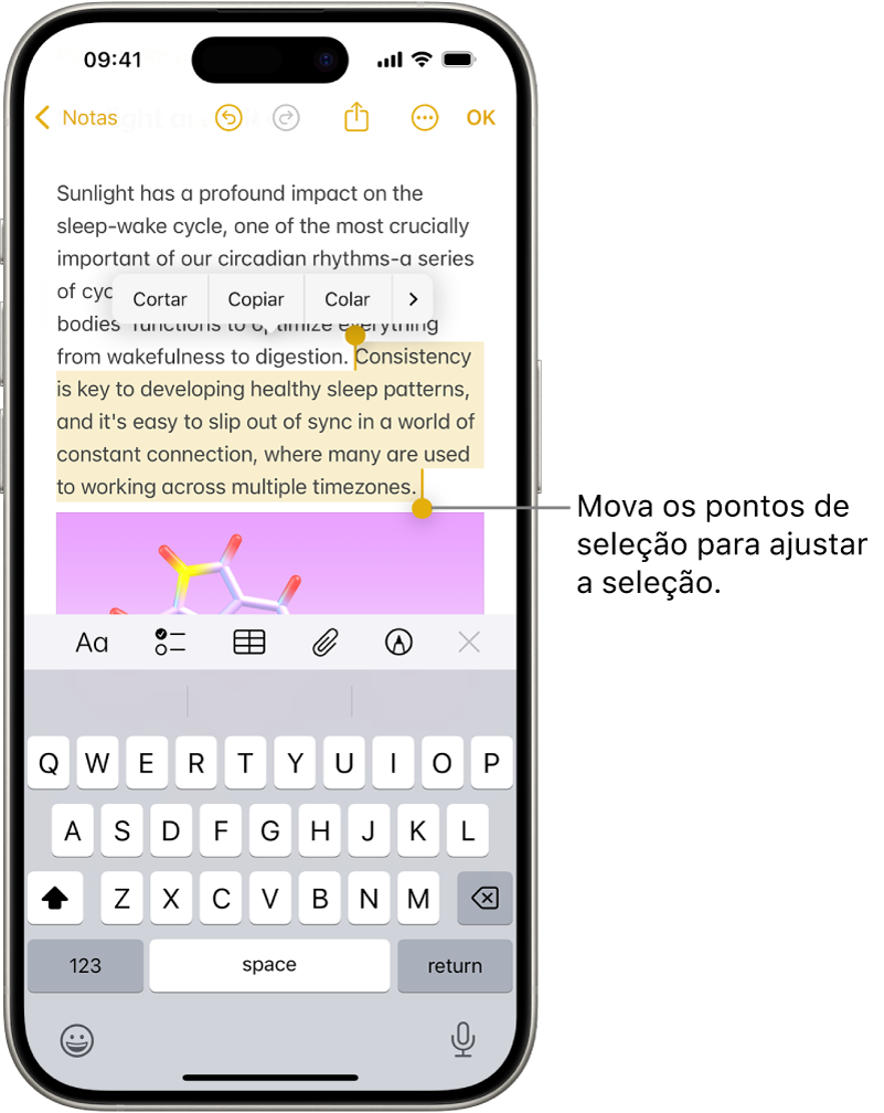 Há texto selecionado em uma nota no app Notas. Acima do texto selecionado encontram-se os botões Recortar, Copiar, Colar e Preenchimento Automático. O texto selecionado está destacado, com pontos de seleção para ajustar a seleção nas extremidades.