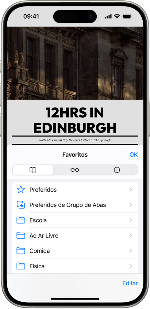 A tela Favoritos, com opções para ver os favoritos, a Lista de Leitura e o histórico de navegação.