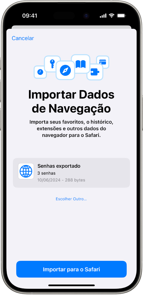 Tela Importar Dados de Navegação, mostrando o arquivo CSV com as senhas de outro gerenciador de senhas para importação.