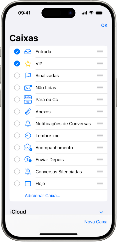 A tela de edição de Caixas de Correio. Caixas de Correio opcionais aparecem na lista, de cima para baixo, com uma caixa de seleção à esquerda de cada opção. No canto inferior direito da tela está um botão chamado Nova Caixa.