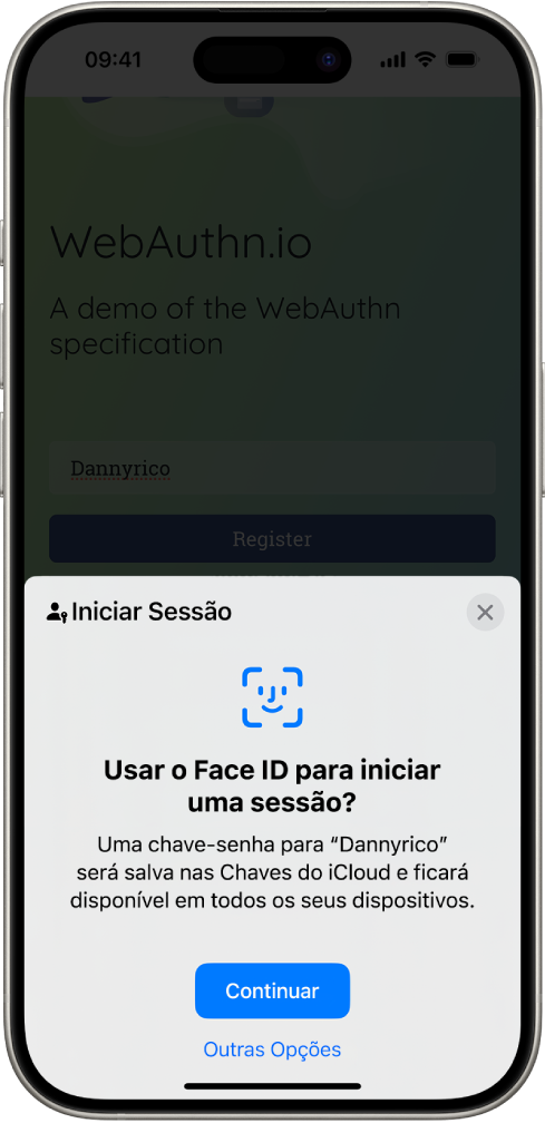 A metade inferior da tela do iPhone oferece a opção de usar chaves-senha para iniciar a sessão em um site. Ela tem o botão Continuar para salvar uma chave-senha e o botão Outras Opções.