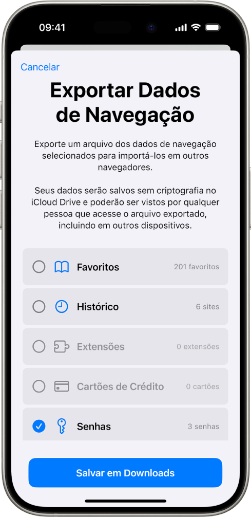 Tela Exportar Dados de Navegação, com a opção Senhas selecionada para exportar para outro gerenciador de senhas.