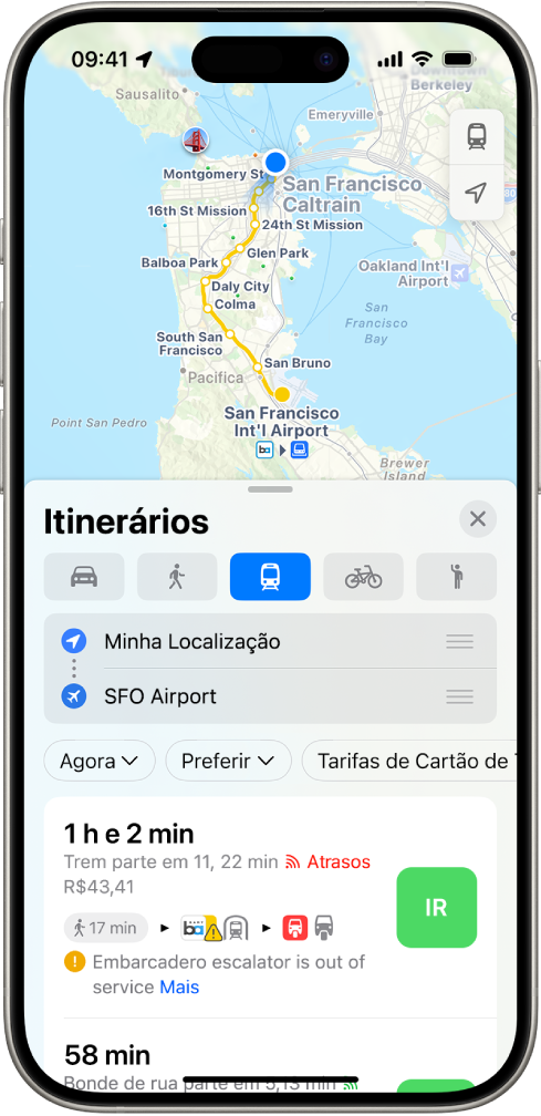 Um mapa mostrando rotas de transporte público. O cartão de rota na parte inferior fornece detalhes da rota, incluindo o tempo de viagem estimado e custo total. Um botão Ir aparece à direita dos detalhes.