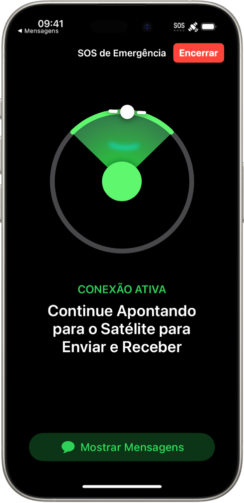 A tela do SOS de Emergência mostrando que o telefone está conectado e instruindo o usuário a permanecer apontando para o satélite. O botão Mostrar Mensagens está na parte inferior da tela.
